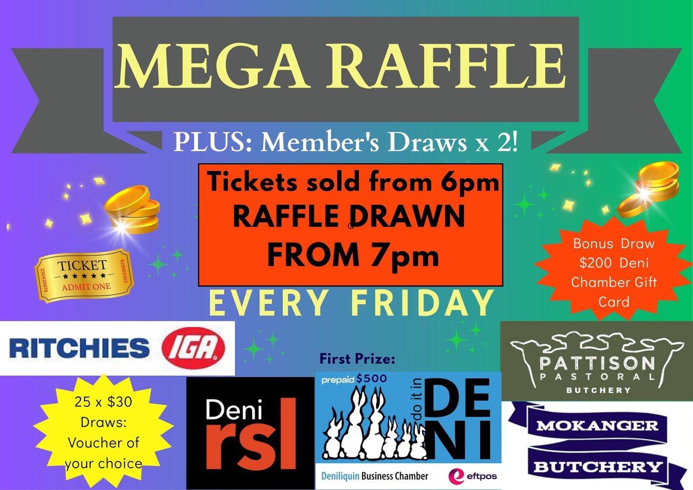 Mega Raffle plus Member's Draws at Deni RSL - every Friday, tickets from 6pm, drawn from 7pm