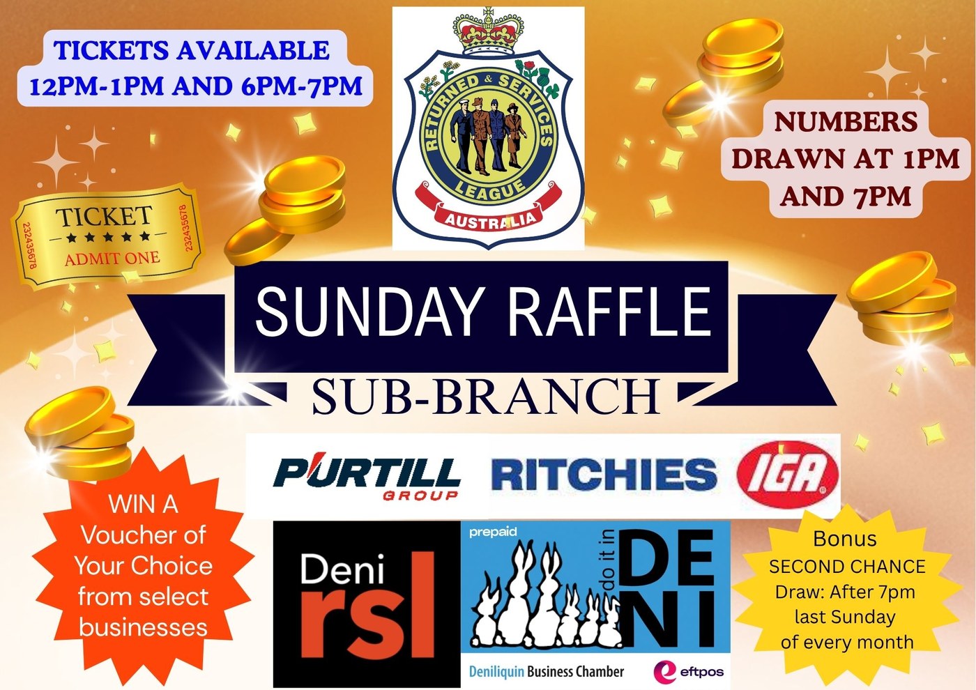 Sunday Sub-Branch Raffle at Deni RSL - tickets 12pm-1pm and 6pm-7pm, drawn at 1pm and 7pm