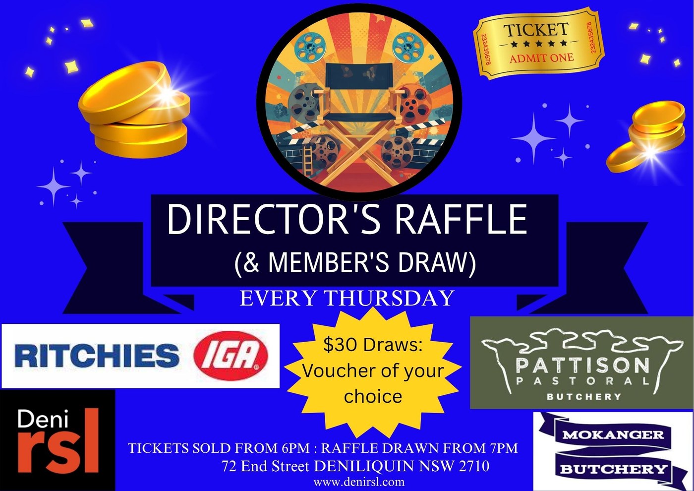 Director's Raffle and Member's Draw at Deni RSL - every Thursday, tickets from 6pm, drawn from 7pm