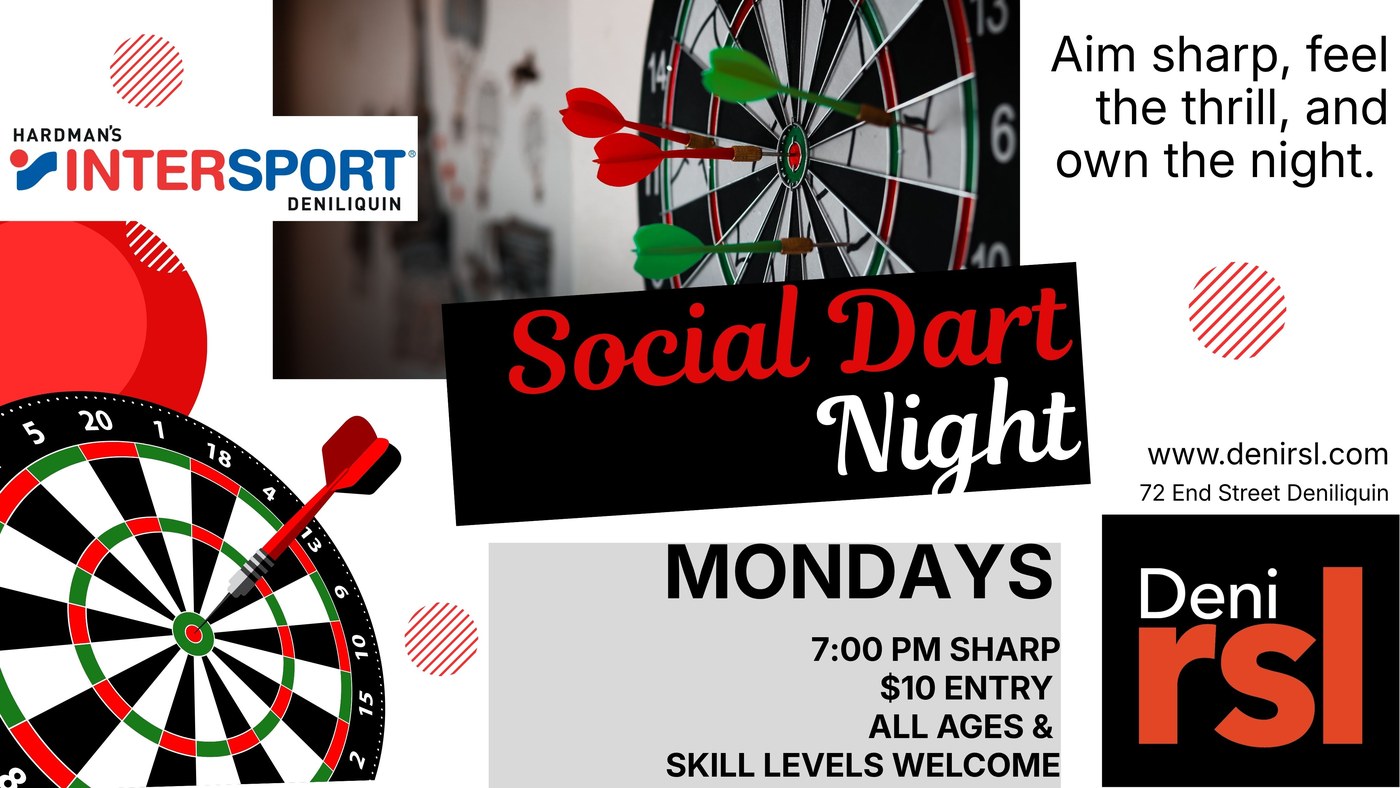 Social Dart Night at Deni RSL - Mondays 7pm sharp, $10 entry, all ages and skill levels welcome